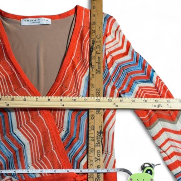 Trina Turk Chevron Knit‎ Wrap Dress Belt Orange Blue V-Neck Long Sleeve ZigZag 0 - Picture 7 of 10
